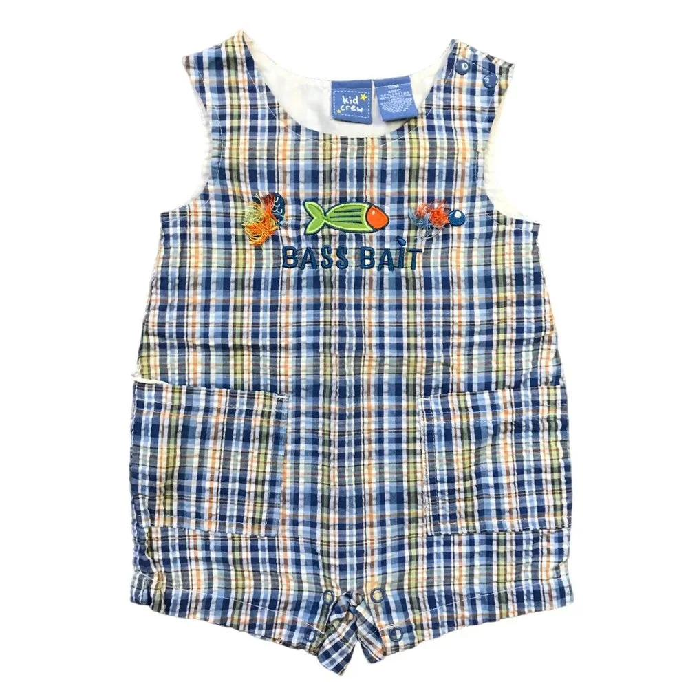 Kid Crew Multicolored Plaid Bass Bait Romper Boys Size 12 Months Embroidered‎